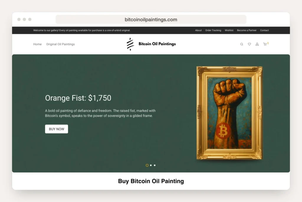 Browser window showing the bitcoinoilpaintings.com home page