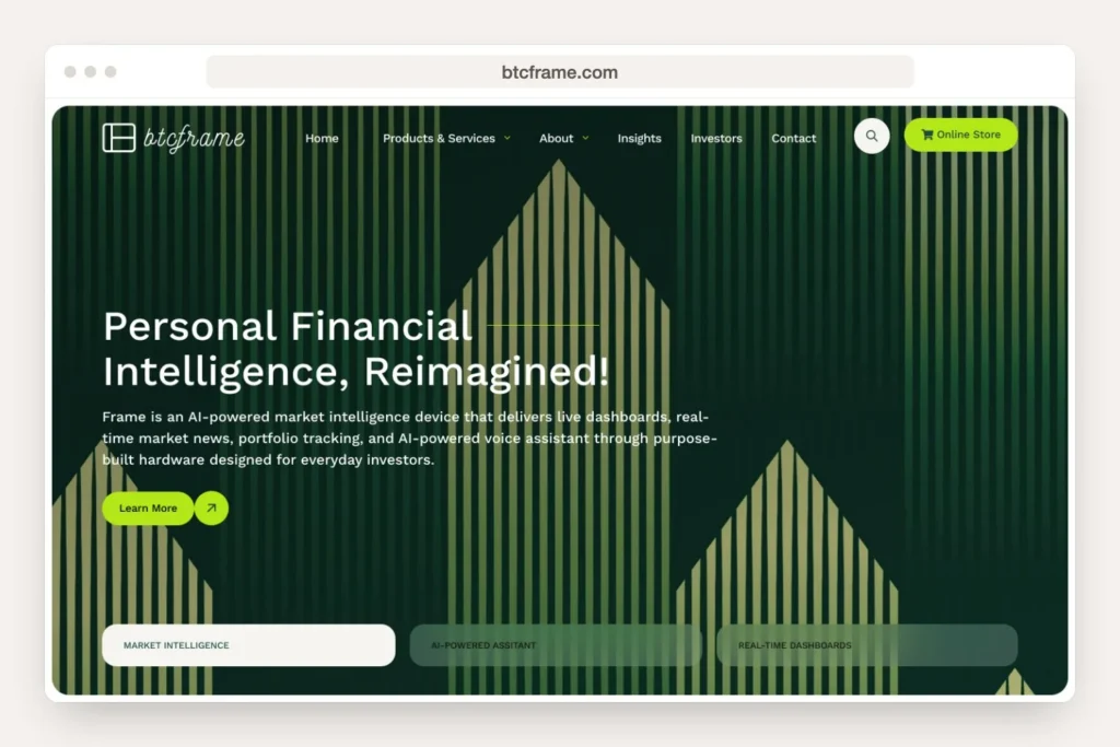 Browser window displaying the btcframe.com home page