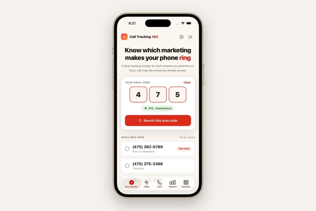Call Tracking 365 app home screen shown on a gold iPhone