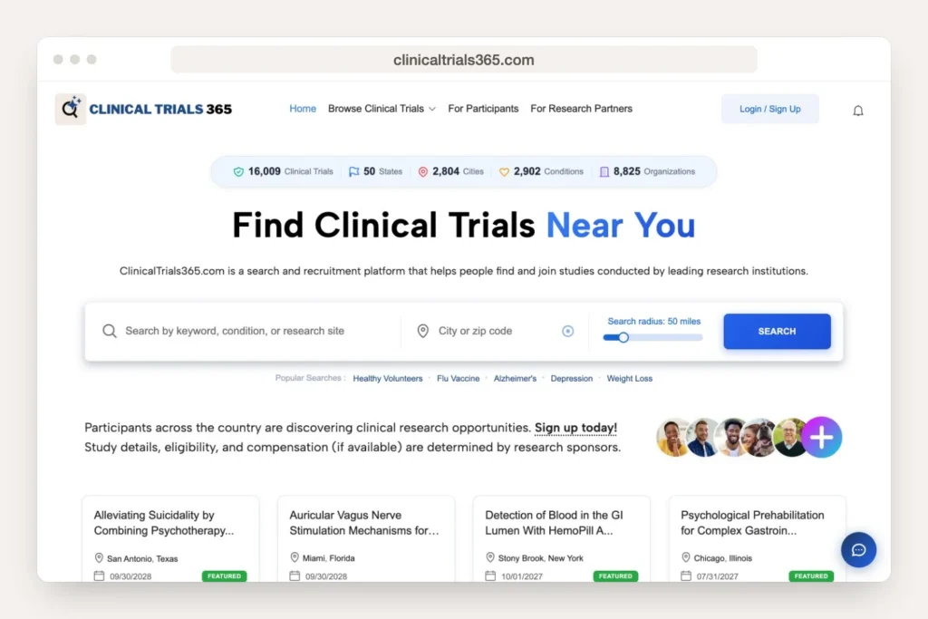 Browser window displaying the clinicaltrials365.com home page