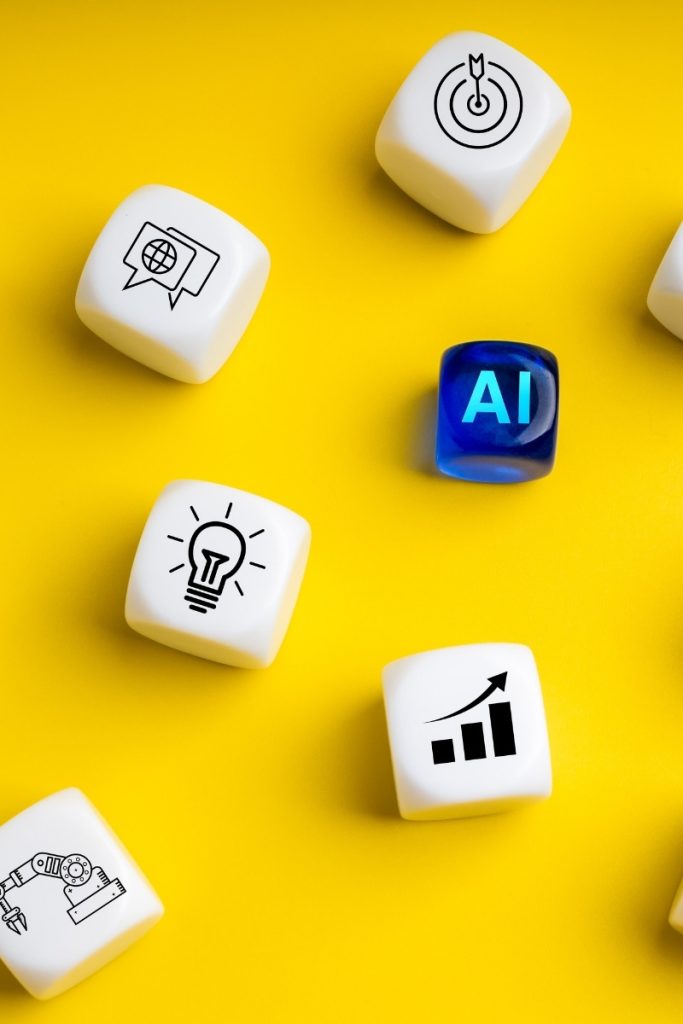 Yellow background with dice showing AI, search, and chart icons