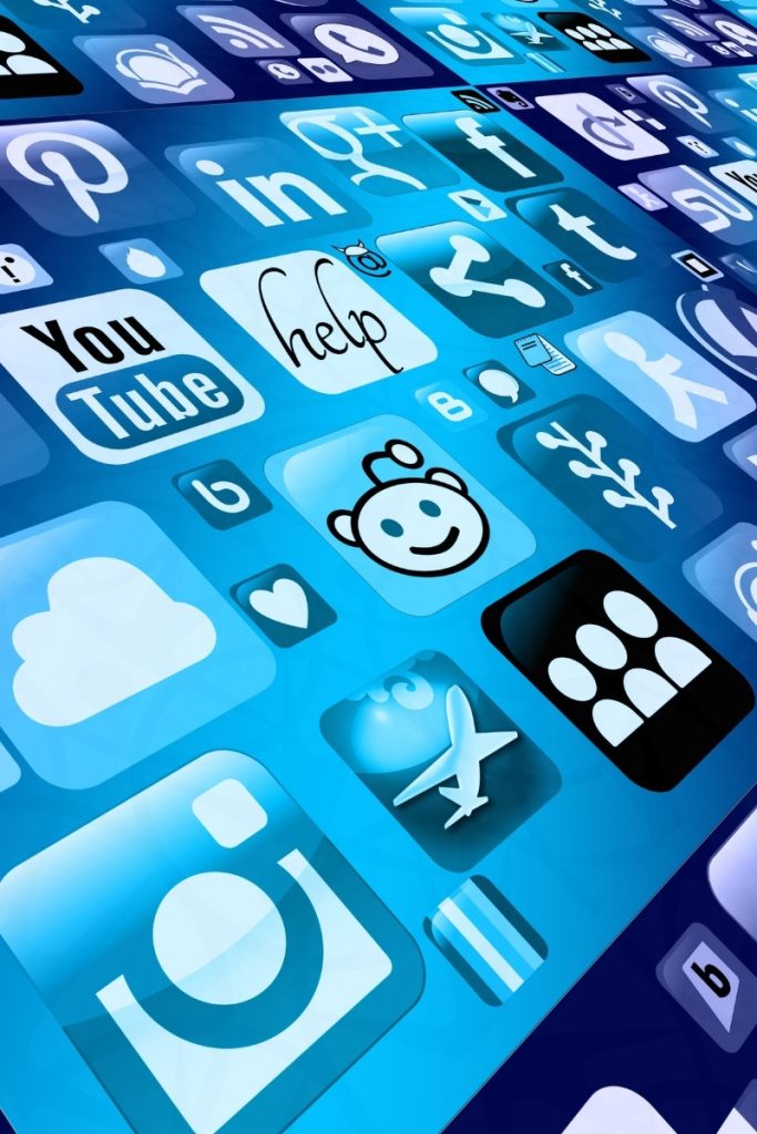 Social media app icons displayed on a blue screen