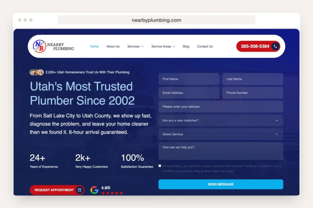 Browser window displaying the nearbyplumbing.com home page