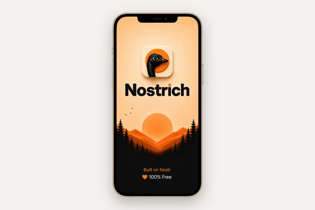 Nostrich app splash screen displayed on a gold iPhone