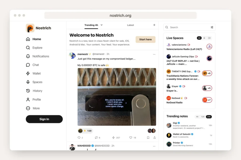Browser window showing the nostrich.org home page layout