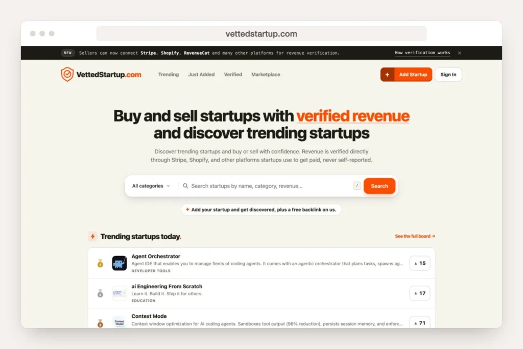 Browser window showing the vettedstartup.com home page