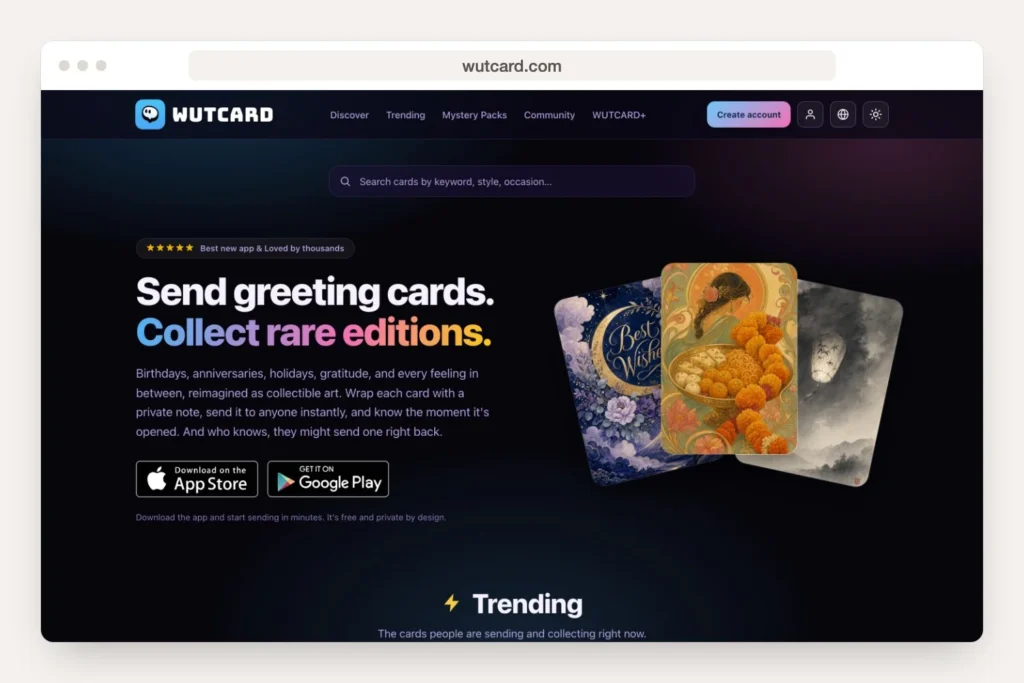 Browser window showing the wutcard.com home page