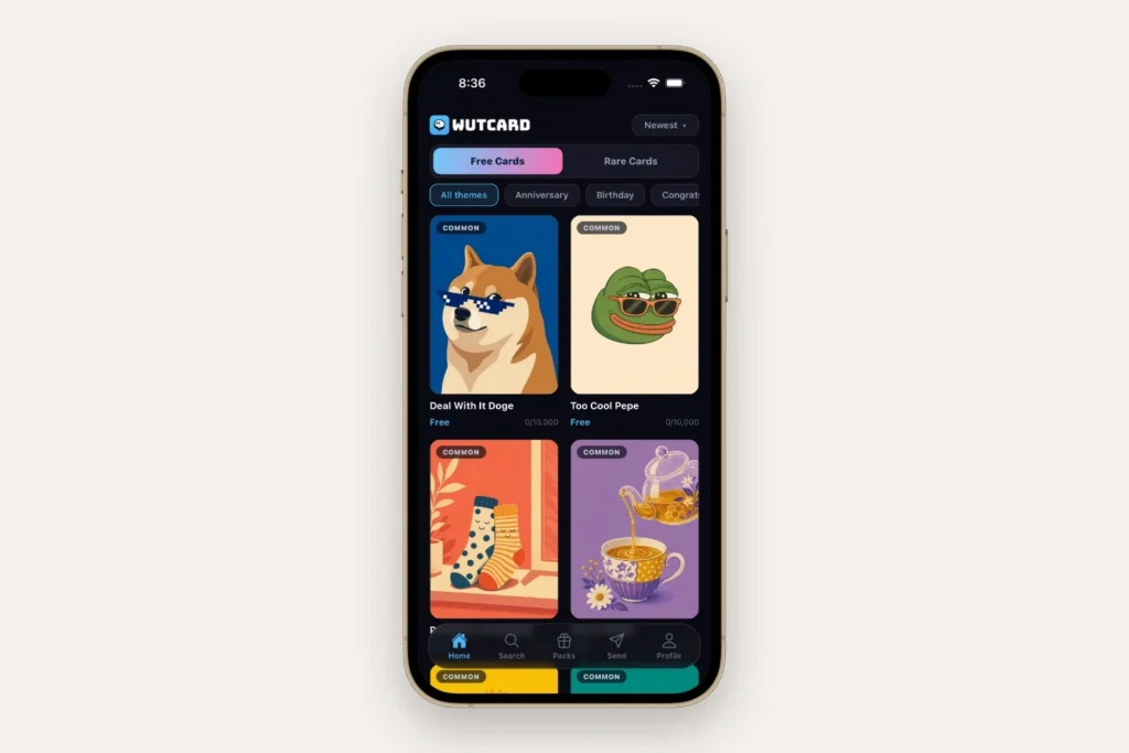 WUTCARD app home screen shown on a gold iPhone